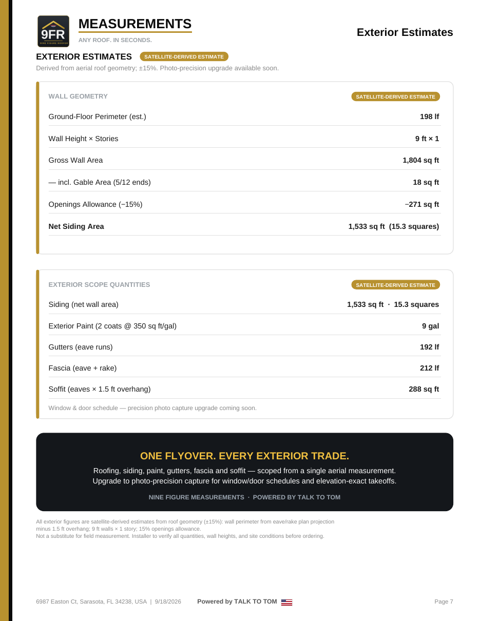 Exterior estimates page — wall areas and openings for paint bidding