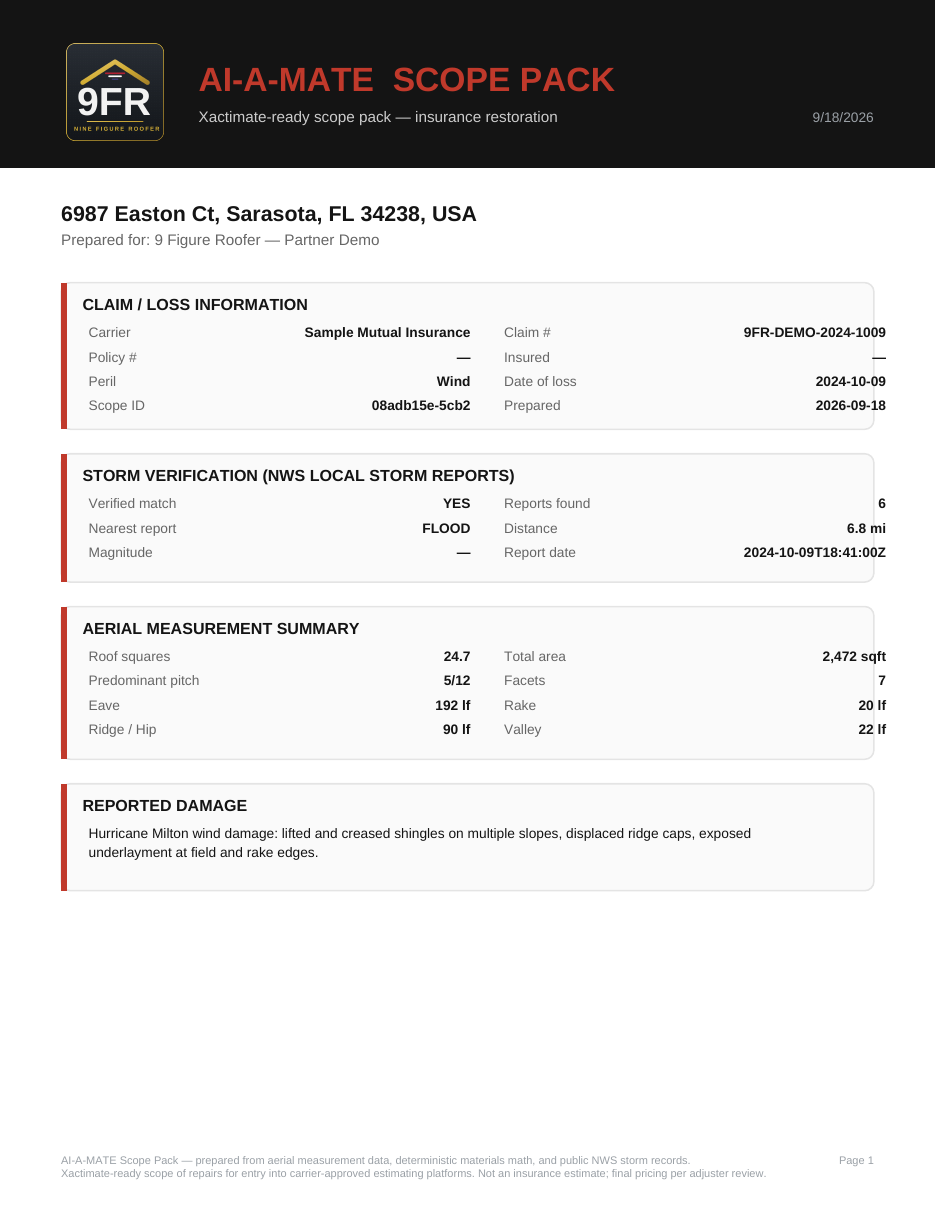 AI-A-MATE scope pack — claim fields, storm verification and measurement summary